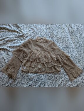 LOFT Tan Sheer Lace Ruffle Mock-Neck Blouse